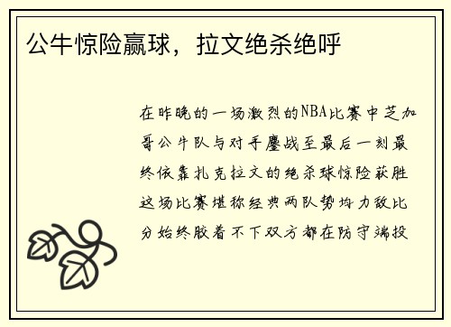 公牛惊险赢球，拉文绝杀绝呼